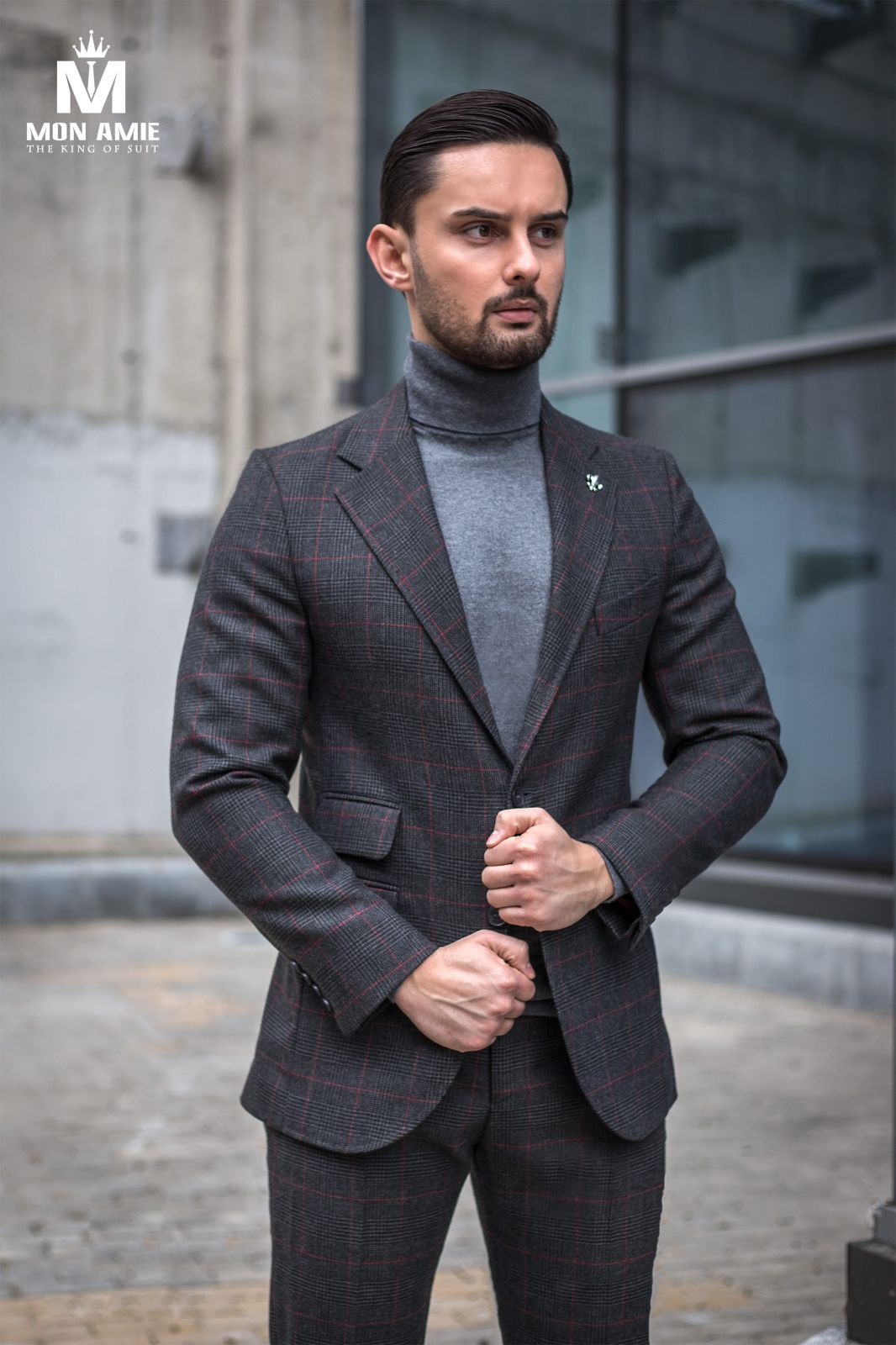 Red Plaid On Dark Grey Blazer